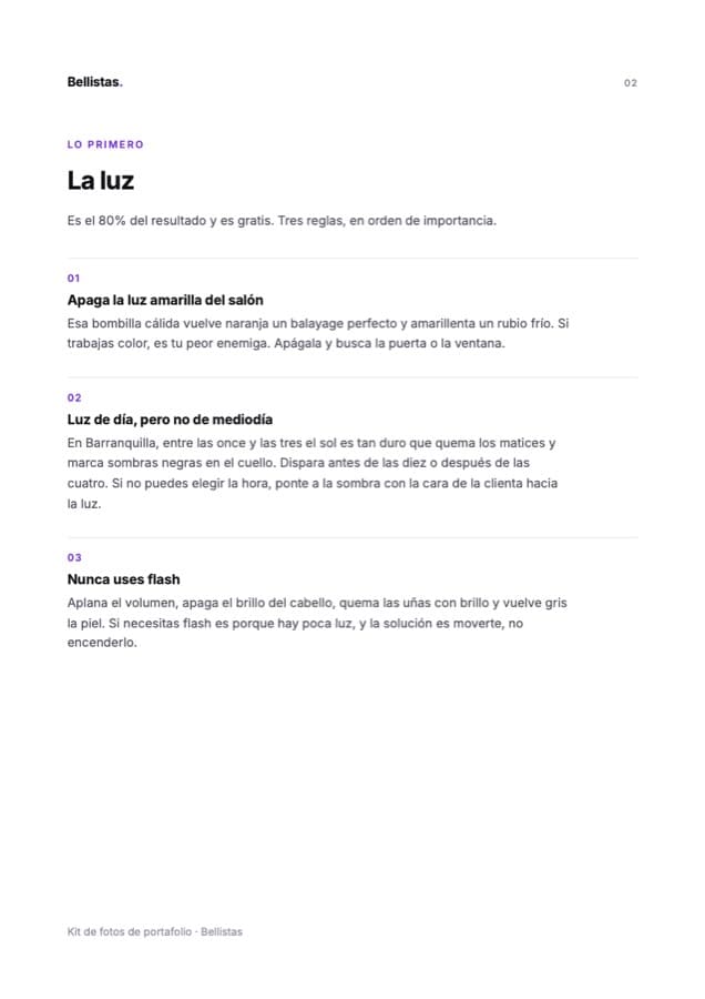 Página del kit sobre el montaje: fondo, distancia, lente y enfoque.