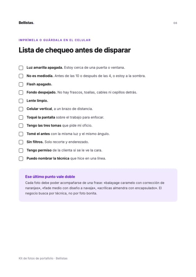 Lista de chequeo del kit con doce casillas para revisar antes de disparar.